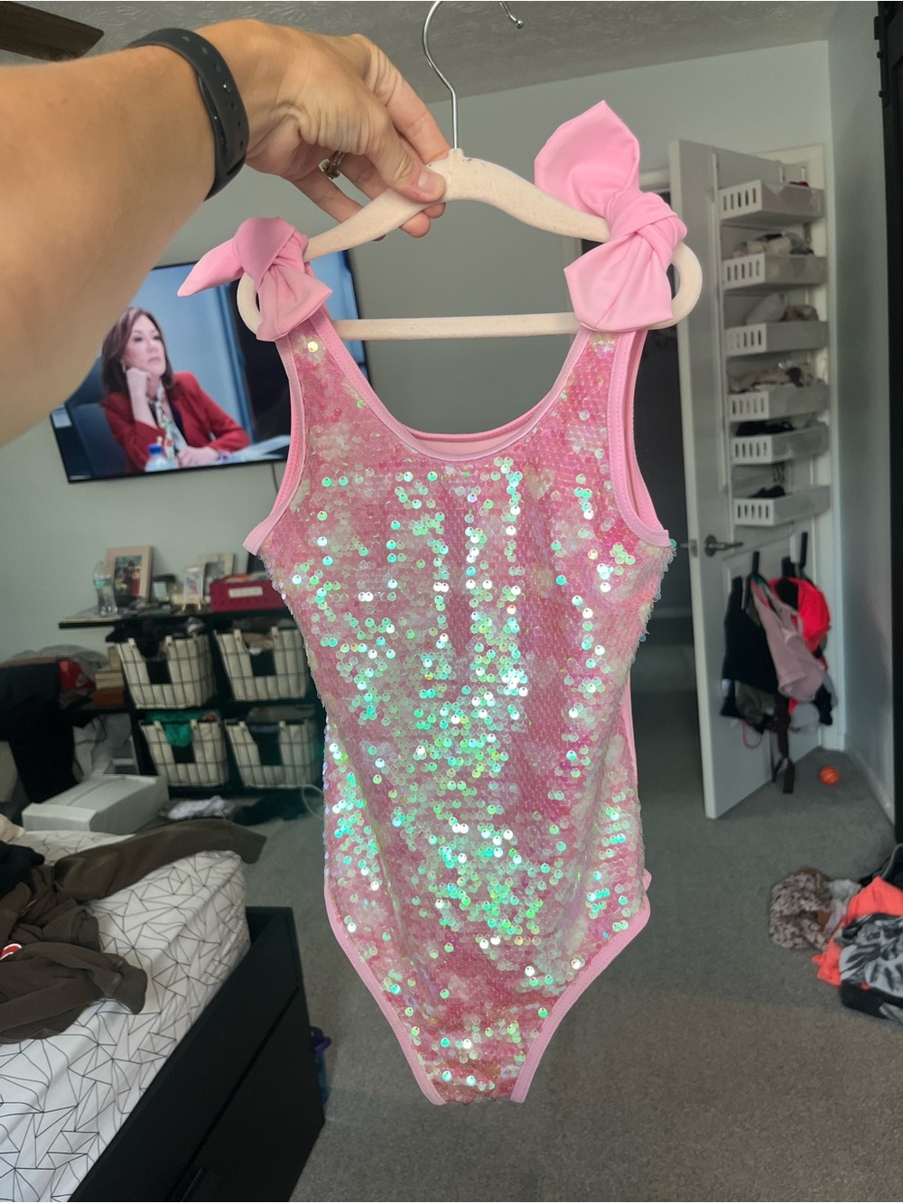 Pink Lola + the Boys Sequin Girls' One-Piece Swimsuit with Bow Straps